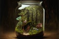 Beautiful terrarium with plants, tress and flowers inside