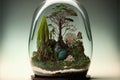 Beautiful terrarium with plants, tress and flowers inside