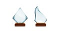 Glass and crystal trophy award on wooden stand.