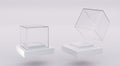 Glass cube box on white stand and open clear square showcase on empty plastic podium, angle view. Realistic mockup