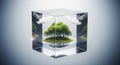 Glass Cube with Floating Trees Royalty Free Stock Photo