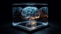 Glass cube with glowing brain inside. Generative ai