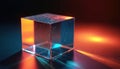 Glass cube with vibrant light reflections in orange, blue hues. Translucent material displays subtle specks. Surface texture Royalty Free Stock Photo