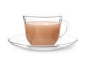 Glass cup of aromatic tea with milk on white background Royalty Free Stock Photo