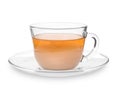 Glass cup of aromatic tea with milk on white background Royalty Free Stock Photo