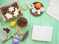 Glass cup of black tea, chocolate and gingerbread gingerbread on a mint-colored table Royalty Free Stock Photo