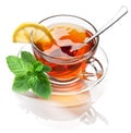 Glass cup with black tea, a slice of lemon and mint leaves isolated on a white background Royalty Free Stock Photo