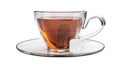 Cup of black tea isolated on white background. Glass cup with teabag.  Black, brown hot tea. Royalty Free Stock Photo