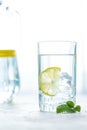 Glass cup and a carafe of water, ice, mint and lemon on a white table Royalty Free Stock Photo