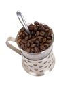 Glass cup with coffee and beans isolated on white Royalty Free Stock Photo