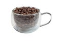 Glass cup with coffee beans isolated on white background. Cup with coffee beans. Transparent coffee cup Royalty Free Stock Photo