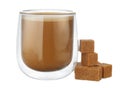 Glass cup of coffee and stack of sugar cubes isolated on white