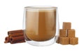 Glass cup of coffee and stack of sugar cubes isolated on white