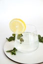 Glass cup containing mineral water with lemon and mint on white background. Refreshing drink based on lemon and mint. Royalty Free Stock Photo