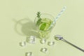 Glass cup with cucumber water on a light green background. Minimalistic creative concept. Copy space Royalty Free Stock Photo