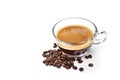 Glass cup of espresso coffee and coffee beans isolated on white background Royalty Free Stock Photo