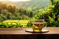 A glass cup with fragrant green tea and leaves on a round stand. Delicious hot drink on a wooden table. Generated by AI Royalty Free Stock Photo