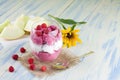 Glass cup of fruit ice cream on burlap Royalty Free Stock Photo