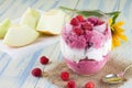 Glass cup full of fruit ice cream and raspberries around Royalty Free Stock Photo