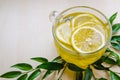 Glass cup of ginger tea with lemon served round frame green leaves ruscus flowers on a light wooden rustic wall Royalty Free Stock Photo