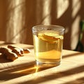 A glass cup of ginger tea on a wooden table, blurred background and space for text Royalty Free Stock Photo