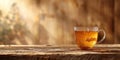 A glass cup of ginger tea on a wooden table, blurred background and space for text Royalty Free Stock Photo