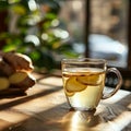 A glass cup of ginger tea on a wooden table, blurred background and space for text Royalty Free Stock Photo