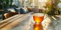 A glass cup of ginger tea on a wooden table, blurred background and space for text Royalty Free Stock Photo