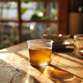 A glass cup of ginger tea on a wooden table, blurred background and space for text Royalty Free Stock Photo