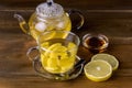 Glass Cup and Glass Teapot with Hot and Tasty Lemon and Ginger Tea Hot Autum Winter Drink Above Royalty Free Stock Photo