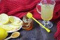 A glass cup of green natural tea with ginger, lemon, mint and honey on wooden rustic background. Healthy drink. Royalty Free Stock Photo