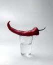 A glass cup half full of water stands on a light background. Red pepper lies on a glass. Close-up Royalty Free Stock Photo