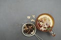 Glass Cup of Herbal Tea with Acacia Flowers and honey on Black Background, top view, Copy space. Health Drink Coldness Royalty Free Stock Photo