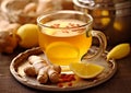 Glass cup with hot ginger,lemon and honey tea for immune system on table.Macro.AI Generative Royalty Free Stock Photo