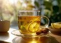 Glass cup with hot ginger,lemon and honey tea for immune system on table.Macro.AI Generative Royalty Free Stock Photo