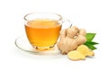 Glass cup of hot ginger tea with ginger rhizome root Royalty Free Stock Photo