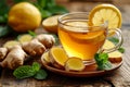 Glass cup of hot ginger tea with lemon, honey and mint on dark rustic table. natural homemade remedy for cold and flu Royalty Free Stock Photo