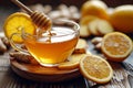 Glass cup of hot ginger tea with lemon, honey and mint on dark rustic table. natural homemade remedy for cold and flu Royalty Free Stock Photo