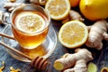 Glass cup of hot ginger tea with lemon, honey and mint on dark rustic table. natural homemade remedy for cold and flu Royalty Free Stock Photo