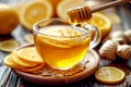 Glass cup of hot ginger tea with lemon, honey and mint on dark rustic table. natural homemade remedy for cold and flu Royalty Free Stock Photo