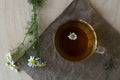 Glass cup of hot Herbal chamomile tea on a wooden table Royalty Free Stock Photo