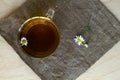 Glass cup of hot Herbal chamomile tea on a wooden table Royalty Free Stock Photo