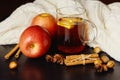 Glass cup of hot spicy drink with apple and orange slices, cinnamon and anise on dark brown background Royalty Free Stock Photo