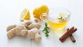 Glass cup of hot tea with ginger, lemon, mint and cinnamon Royalty Free Stock Photo