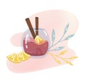 Mulled wine. Warming drink with lemon and cinnamon. A glass cup with an invigorating healthy drink. Cartoon decorative