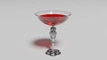 Glass cup with a magic elixir potion of red color. Love elixir in a glass goblet. 3d render