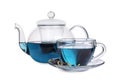Glass cup and pot of organic blue Anchan on white background. Herbal tea Royalty Free Stock Photo