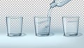 Glass cup realistic, pure water. 3d drink bottle with pouring jet in dynamic motion, empty and full, transparent and Royalty Free Stock Photo