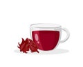 Glass cup of red hibiscus juice tea and fresh Roselle fruit Jamaica sorrel, Rozelle, Sorelle or hibiscus sabdariffa