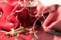 a glass cup of a red warming drink (tea, mulled wine, punch). ingredients for winter hot drinks. beautiful background Royalty Free Stock Photo